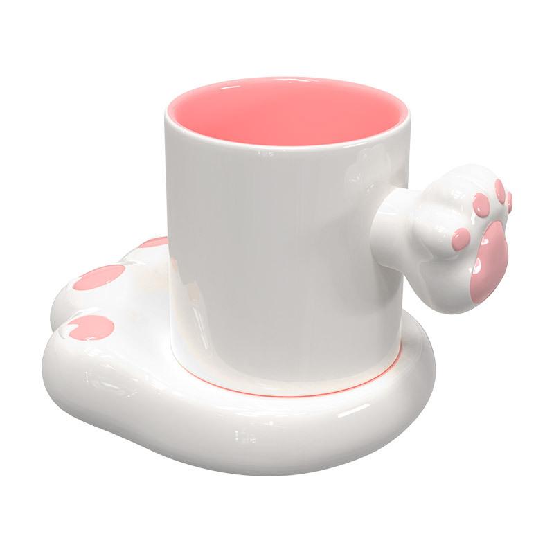 Porcelain Cute Style Cartoon Coffee Cup and Saucer Set for Home Use, Cat Paw Mug Set, Creative Couple Style Matching Cup Gift