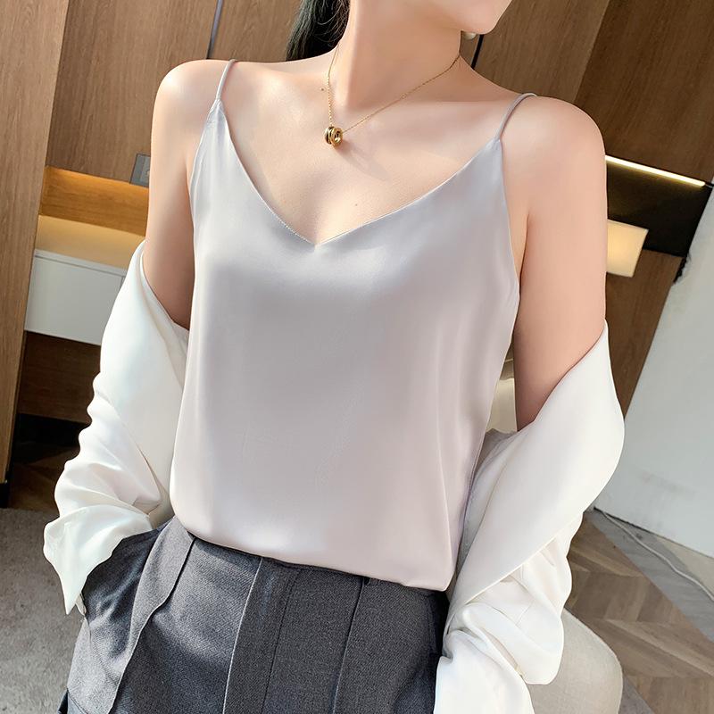 Women's Sleeveless Satin Camisole V Neck Elegant Tank Top Solid Color Casual Backless Layering Cami