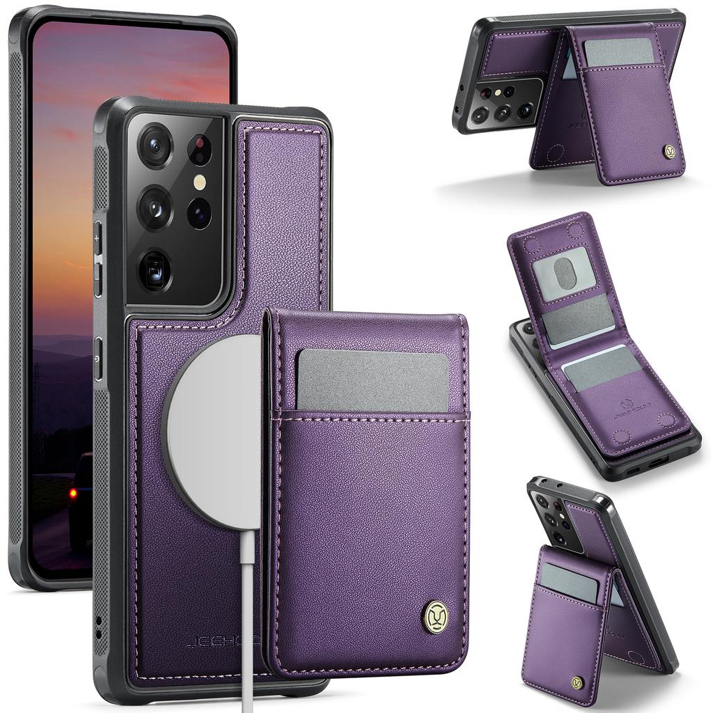 För Samsung Galaxy S21 Ultra 5G Läder Baksida Kompatibel med MagSafe JEEHOOD J06 Mobilskal med Kortfack RFID-blockering