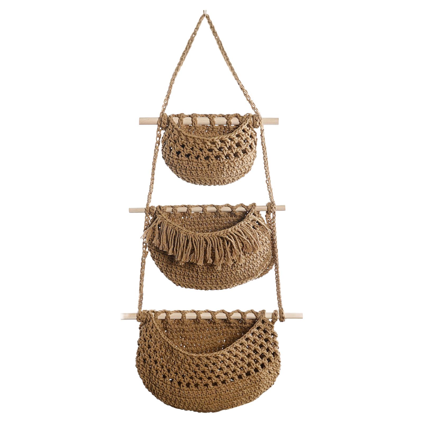 

Cotton Rope Woven Three Tier Hanging Basket for Kitchen and Dining Room Storage Fruit Vegetable Organizer светло-коричневого