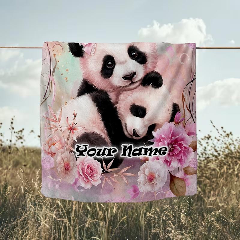 1PC Custom Name Panda Love Flowers Artwork flannel blanket versatile,all-season throw suitable for the living room,bedroom,camping,travel,and gift