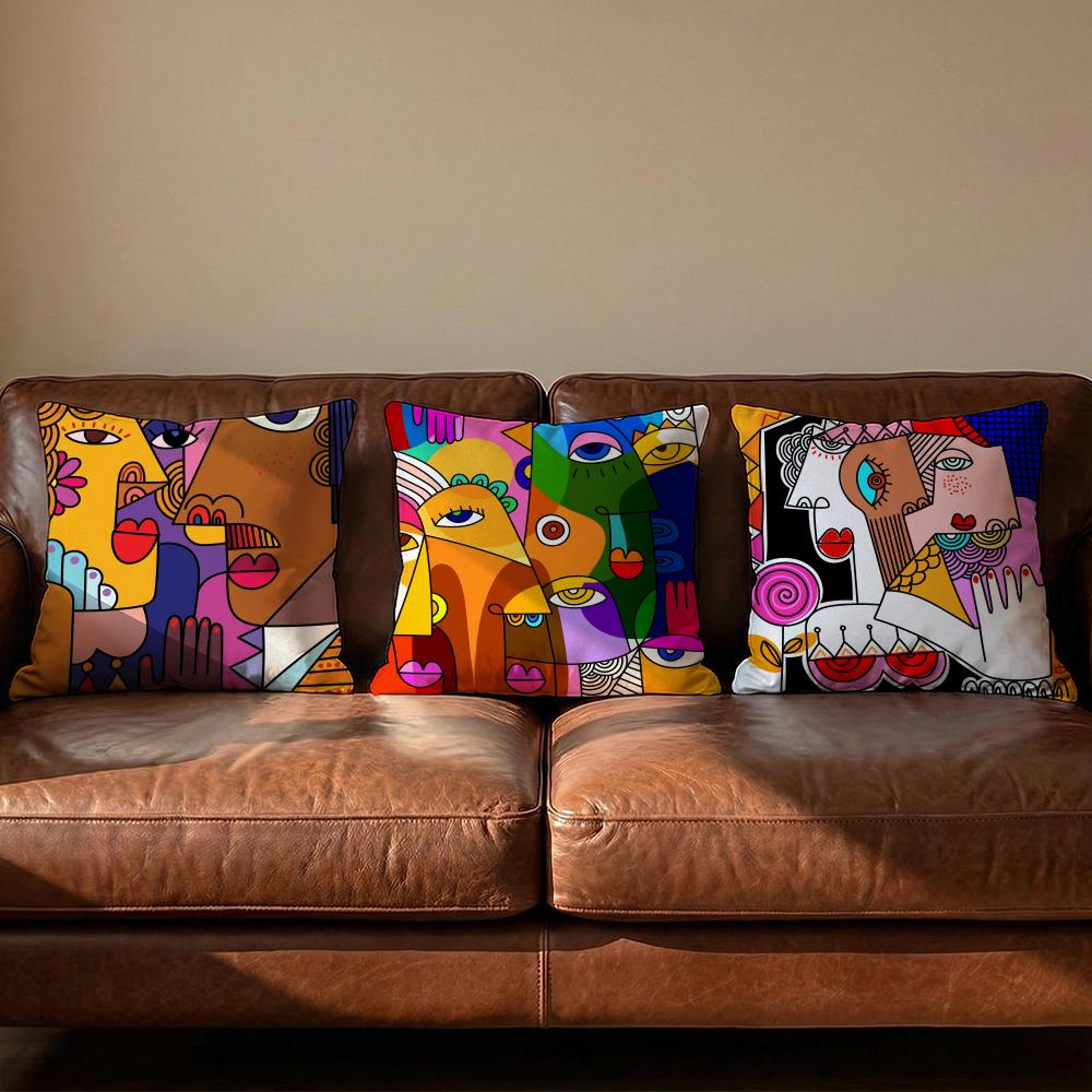 Colorful Abstract Faces Cushion Cover Soft Reversible  Durable Pillow Cover  MultiScene Use for Home  Car Daily Comfort