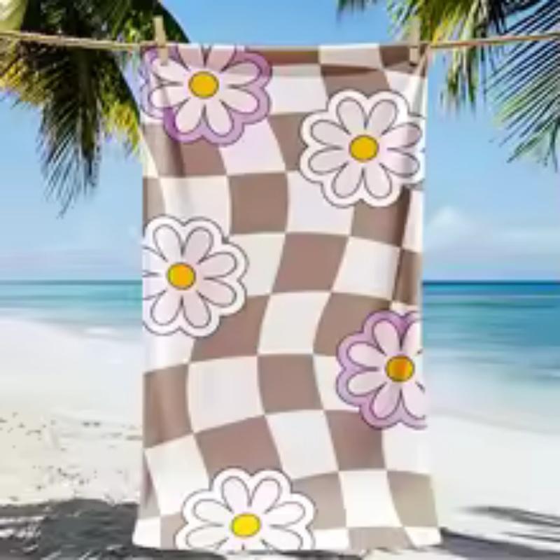 Brown Checkered Daisy Flower Print Quick Dry Microfiber Beach Towel Large Cute Girls Summer Pool Towel