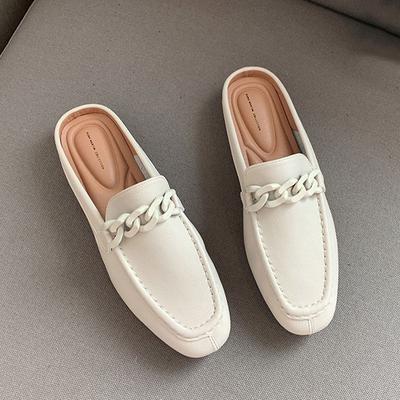 Metallkette Sommer Damen Pantoletten Slipper Flache Halbschuhe Geschlossene Zehen Mokassins Modedesigner Bequeme Pu-Leder Casual Slides Schuhe