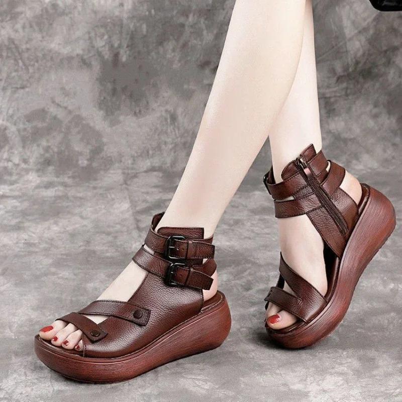 

Fashion Women s Sandals Summer 2025 Mid Heeled Wedges Shoes for Women Retro Leather Gladiator Sandals Platform Rome Sandalias 35