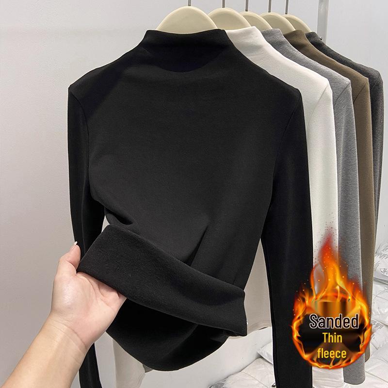 Women's Slim-Fit Fleece-Lined Mid-Collar Long-Sleeve Top - Warm and Versatile for Autumn and Winter