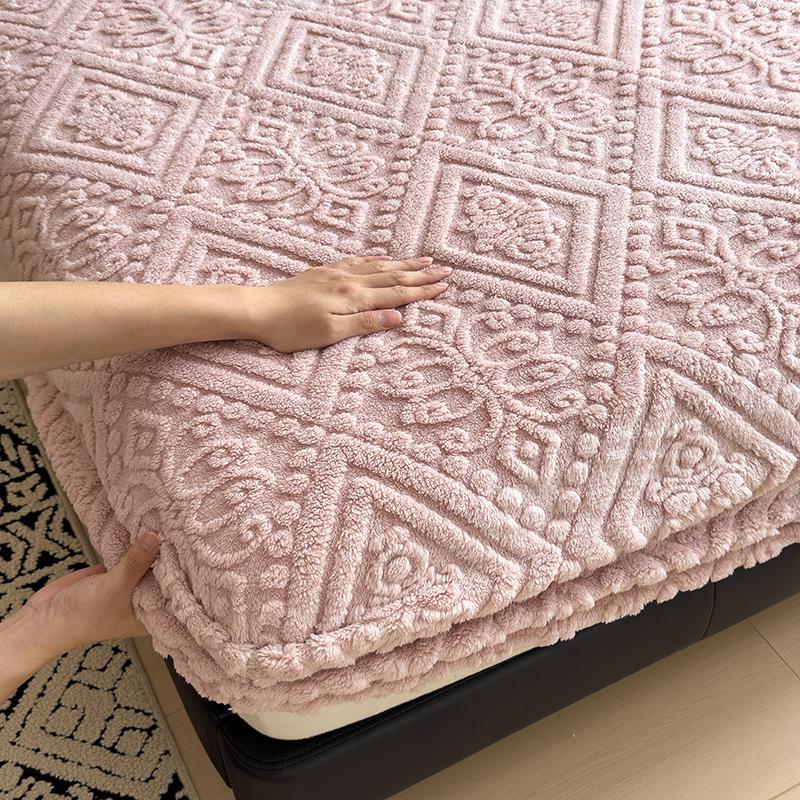 WOSTAR Winter Warm Coral Fleece Fitted Sheet Elastic Mattress Protector Cover Retro Style Bed Linens Luxury Double Bed King Size