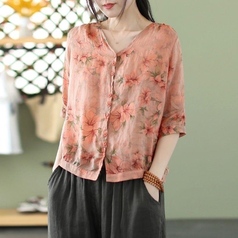 Summer Women Cotton Linen Vintage Shirt Top Ladies V Neck Print Tops Casual Loose Slim Half Sleeve Shirt