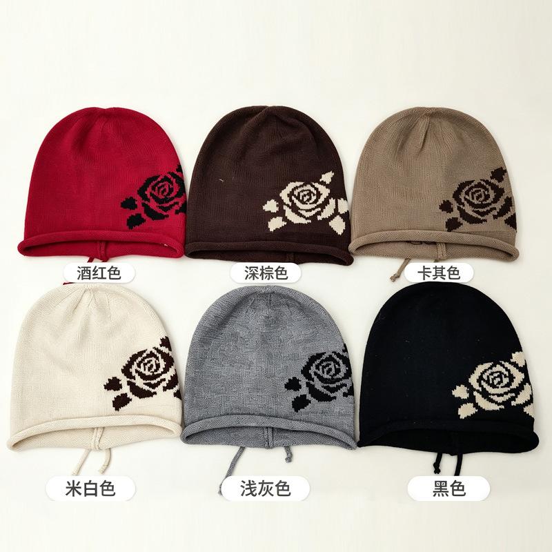 Rose Jacquard Pile Hat Autumn and Winter Velvet Warm Knitted Hat Showing Face Small Wool Hat Ear Protection Hat Women's