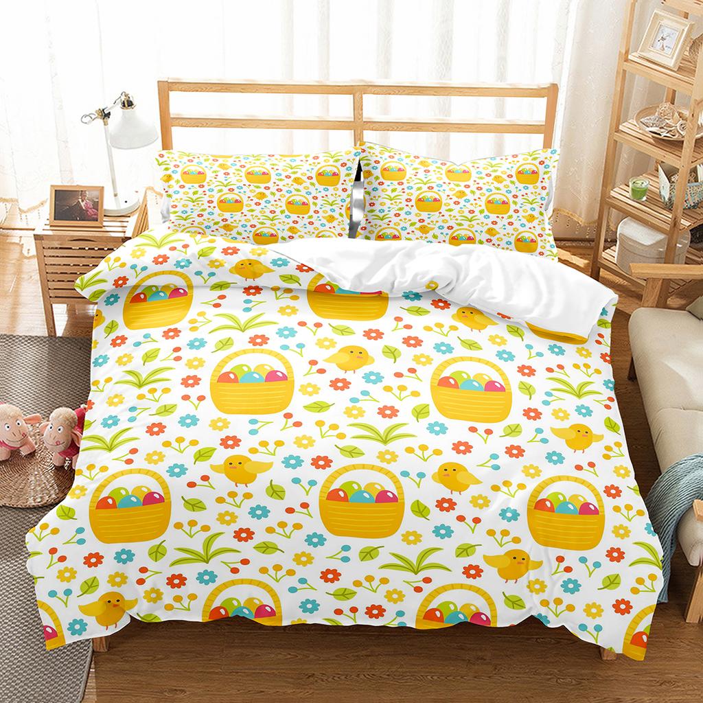 Cartoon Rabbit Duvet Cover Set Twin Queen Colorful Eggs Bedding Set Microfiber Floral Comforter Cover For Girls Boys Easter Gift