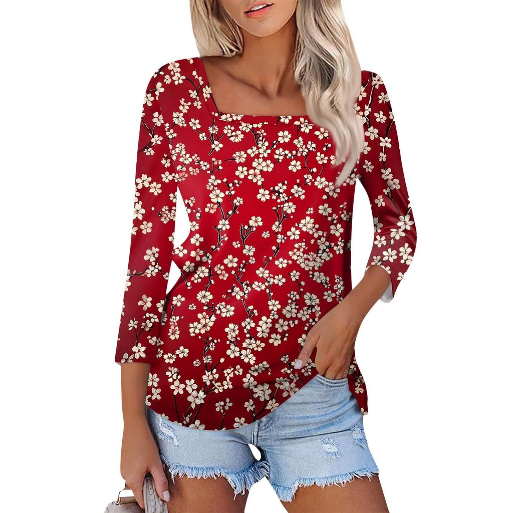 Košile pro dámskou módu Neformální dámské tričko s čtvercovým výstřihem, 3/4 rukávem, volným potištěným tričkem