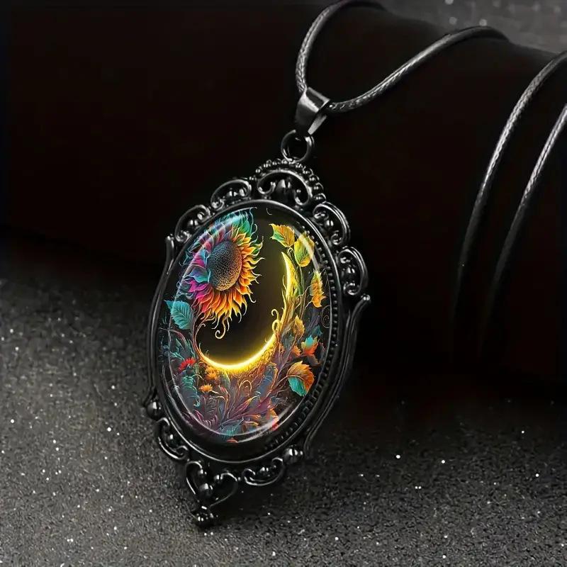 Elegant Oval Shaped Glass Pendant Necklace With Flowers