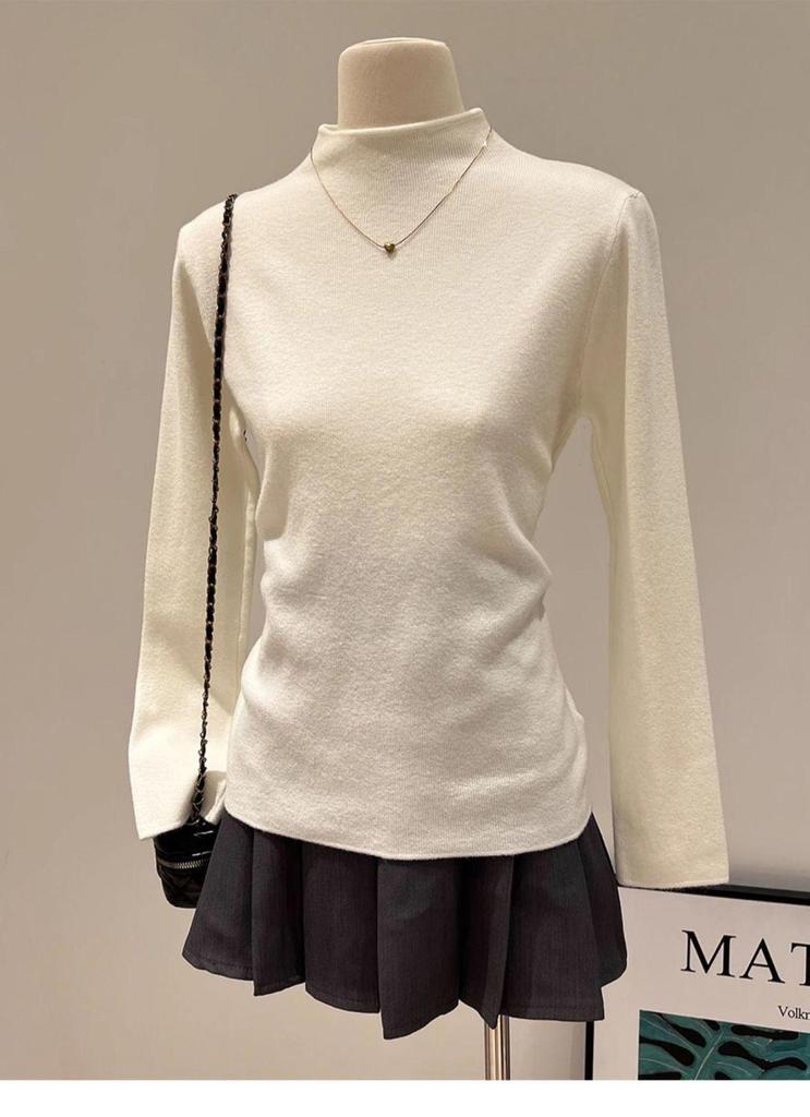 Apricot Slim-Fit Knitted Turtleneck Sweater - Long-Sleeve, Half-High Collar, Pullover for Autumn/Winter