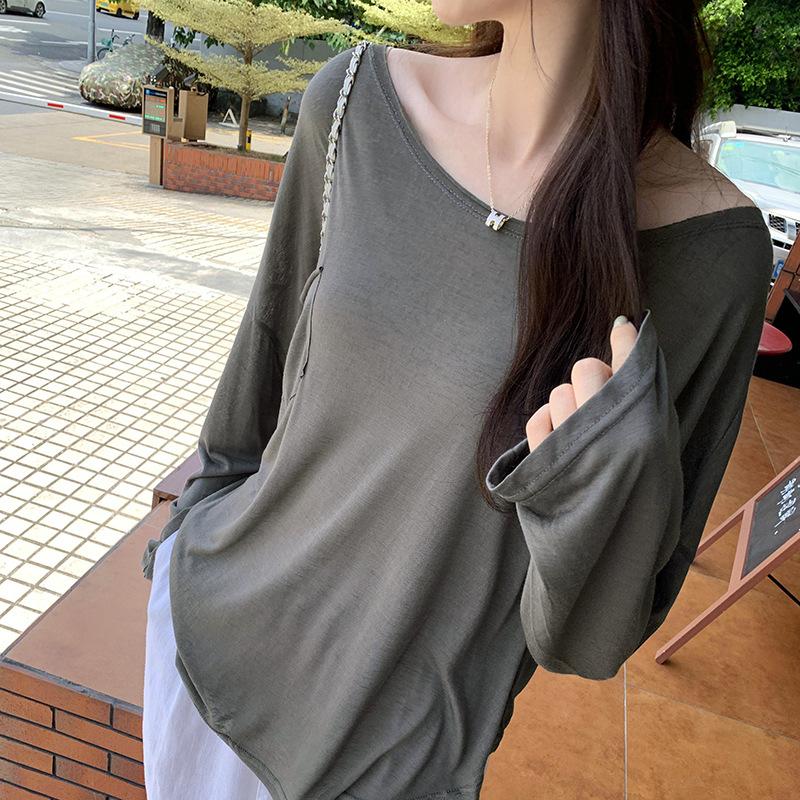 

Футболка с длинным рукавом с открытыми плечами, с карманом, тонкая, женская, летняя, свободная, для защиты от солнца L серый