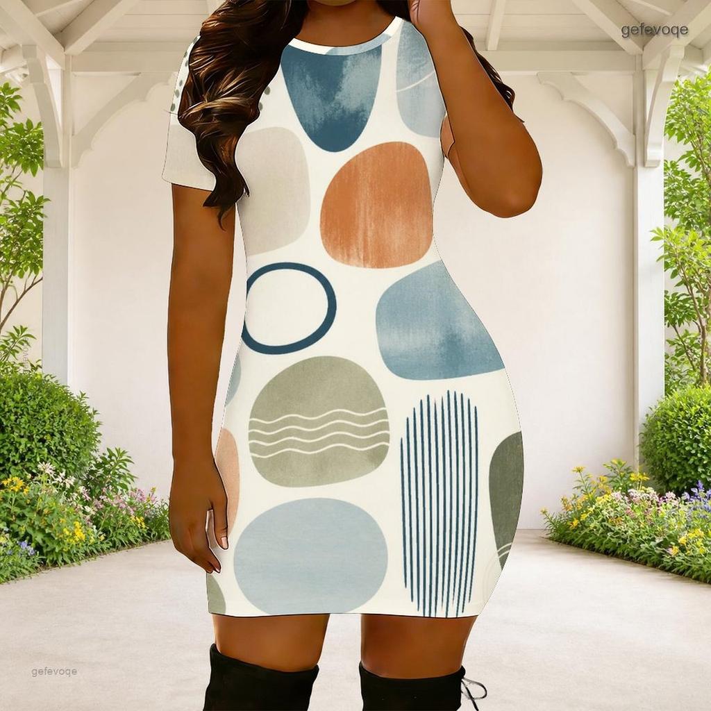 Women Plus Size Round Neck Short Sleeve Printed Fitted Mini Dress