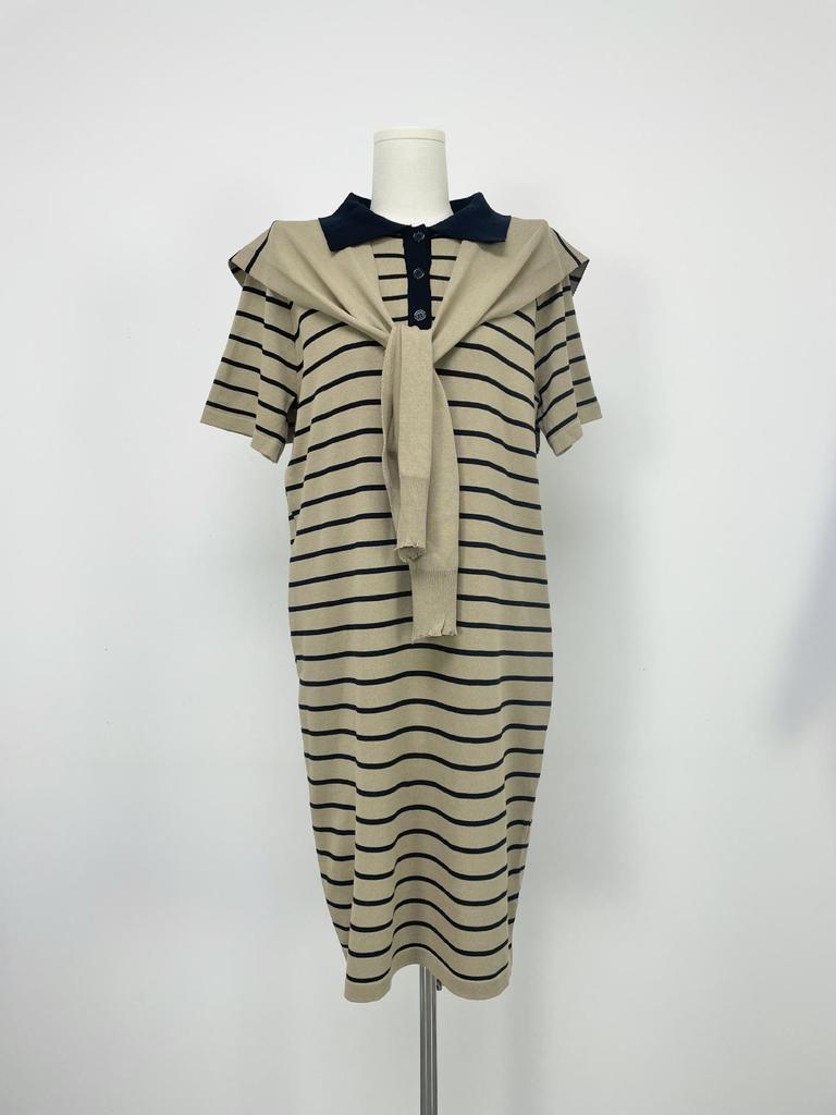 Solid Color Short Sleeve Maxi Dress with Shawl, Striped Plus Size Polo Collar Knitted Dress
