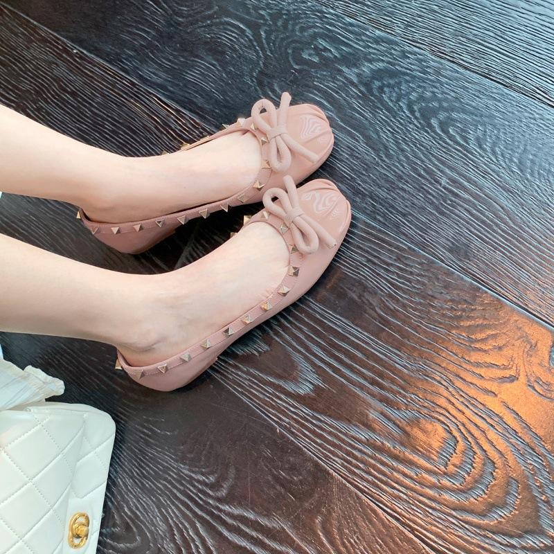 Sheepskin version cross strap Mary Jane shoes women's bow rivet round head flat ballet style single shoes