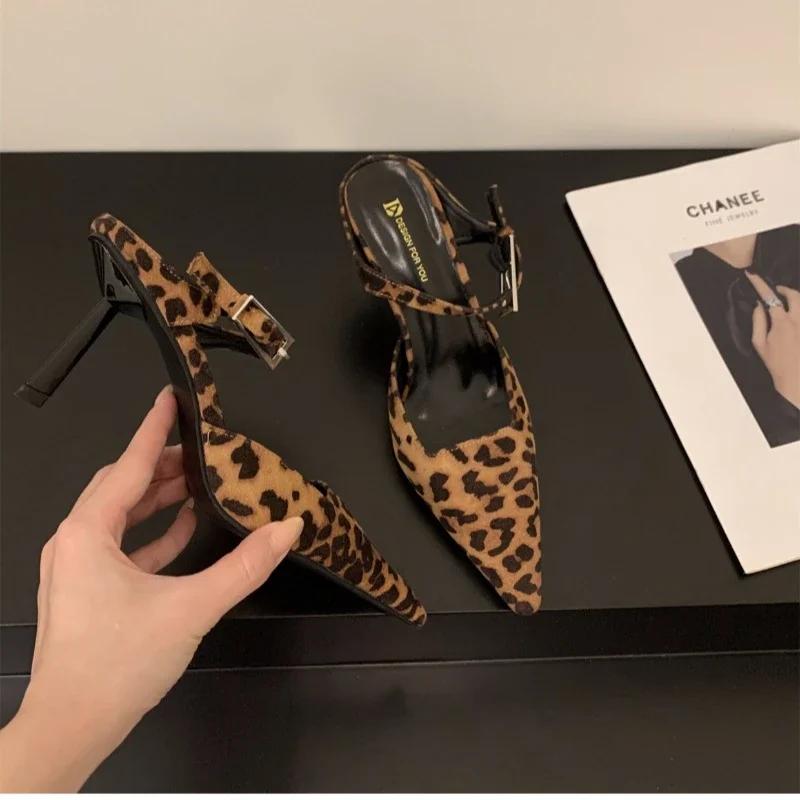 Women's Single Shoes Summer and Autumn Sexy Leopard Pattern Pointed Thin Heel Open Heel High Heel Wrapped Sandals for Women 2025