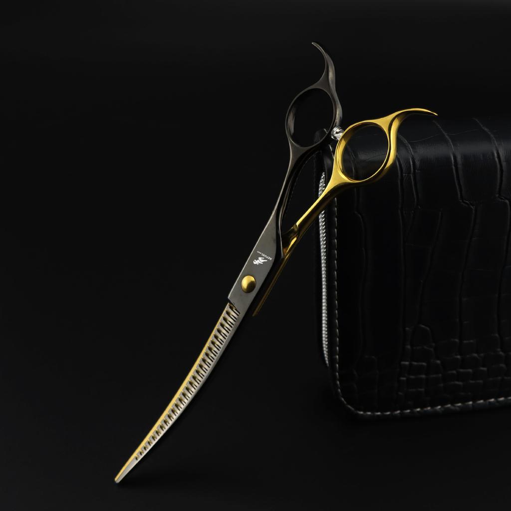 7.0 Inch Black And Gold Pet Beauty Scissors, Curved Scissors, Pet Trimming Scissors, Thin Scissors, Curved Teeth Magic Scissors