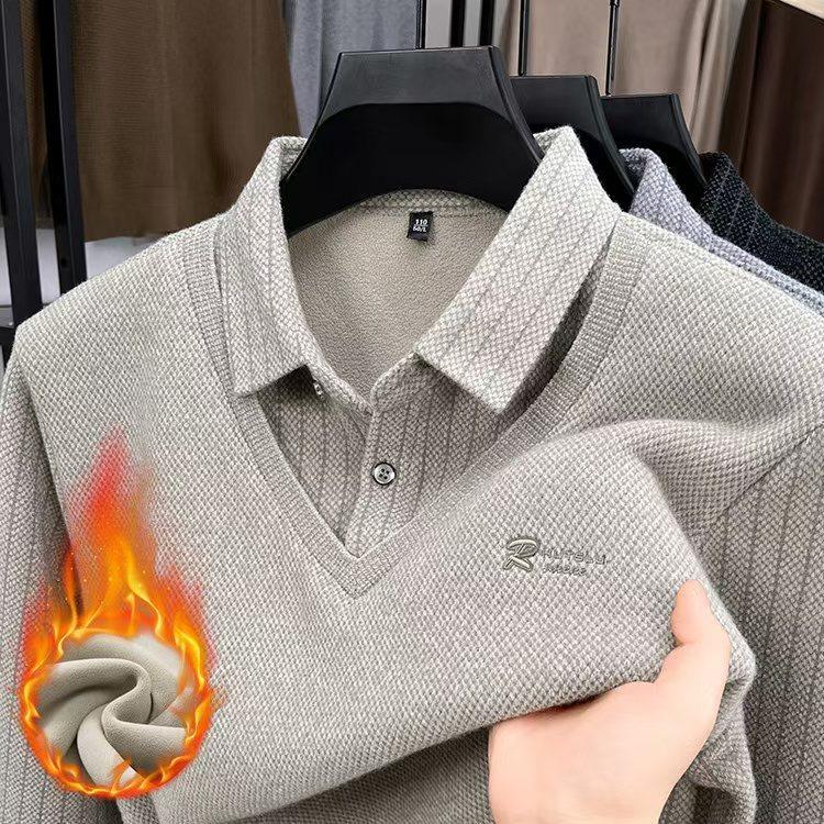 Men's Long Sleeve Polo Shirts Tees & Tops with Fleece Warm Winter Bottom Wear Casual Business T-shirts Hot Sale Autumn Clothing