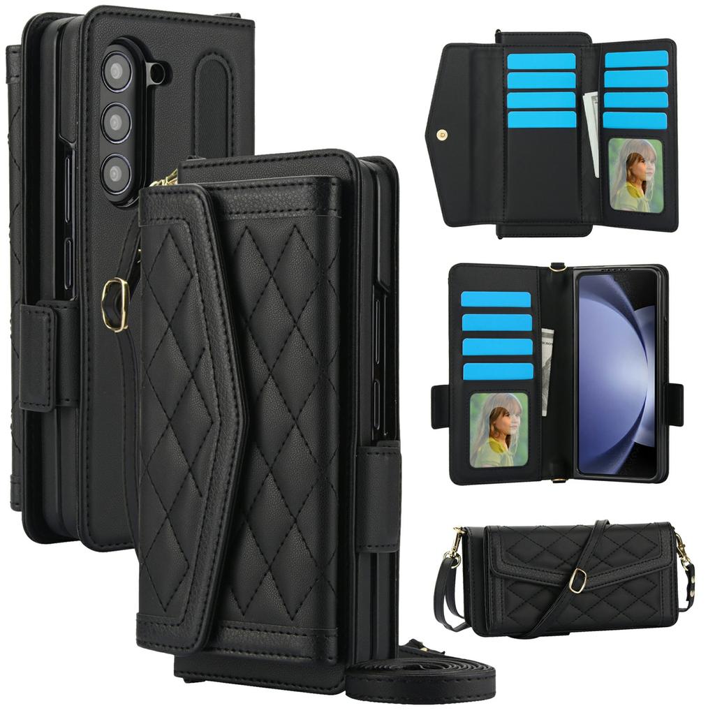 For Samsung Galaxy Z Fold5 5G Case Quilted Design PU Leather Wallet Phone Cover with Shoulder Strap