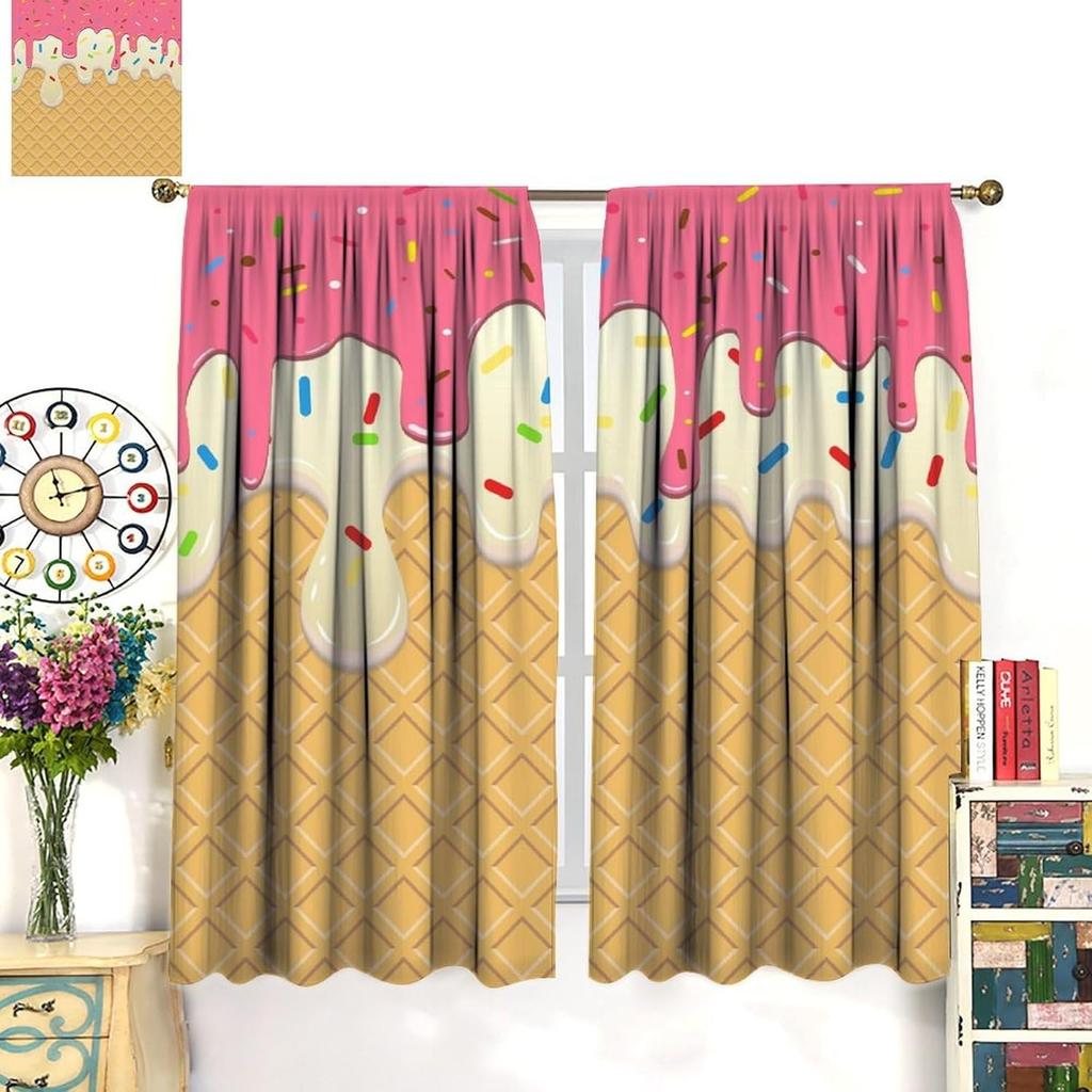 Ice Cream Curta,Pink Cartoon Ice Cream Candy Dessert Home Decor Drape For Bedroom Living Room Kitchen Window Treatment