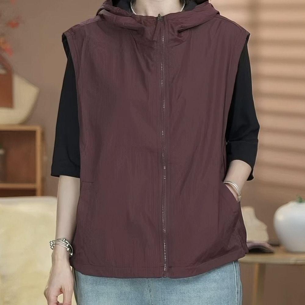 Double Sided Sleeveless Hooded Jacket for Women Autumn Loose Drawstring Zipper Top Solid Color Versatile Vest
