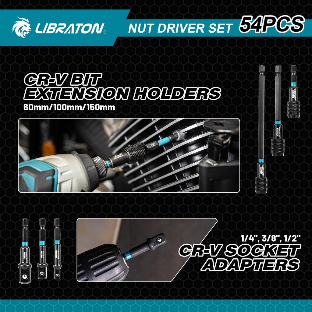 LIBRATON Impact Driver Socket 54 Piece Set Socket Bit Set Electric Screwdriver Bit Socket Adapter Bit Holder Thumbscrew Socket Extension Bar