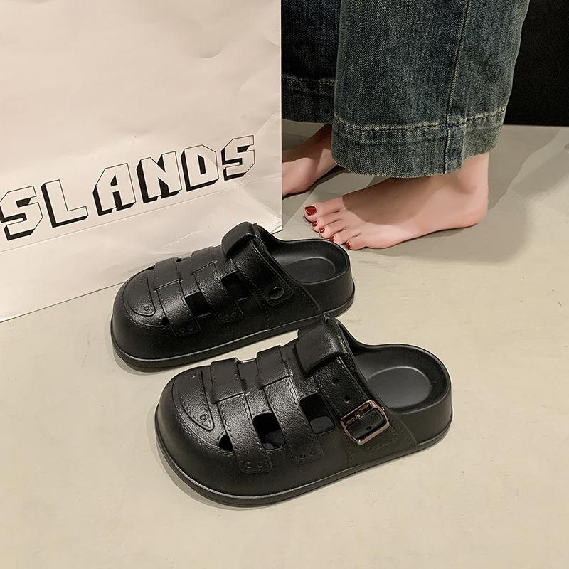 

Простые шлепанцы с полым носком, повседневные и легкие прохладные шлепанцы, женские модные универсальные нескользящие приморские полушлепанцы 40-41 чёрный