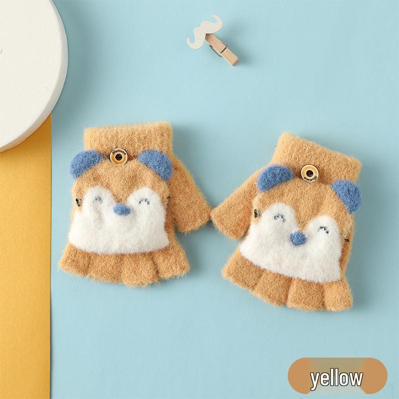 

Children s Plus Velvet Cartoon Flip Half-Finger Knitted Gloves for Autumn/Winter One Size жёлтый