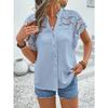 Spring and Summer Lace Hollow Pom-pom Cardigan Button Short-sleeved T-shirt Top for Women