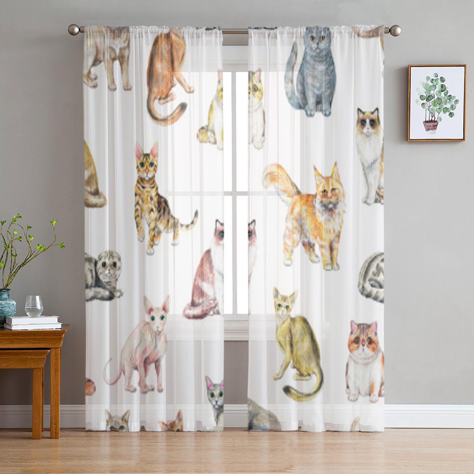 Забавные тюлевые прозрачные оконные шторы с забавными кошками для гостиной — фото 15