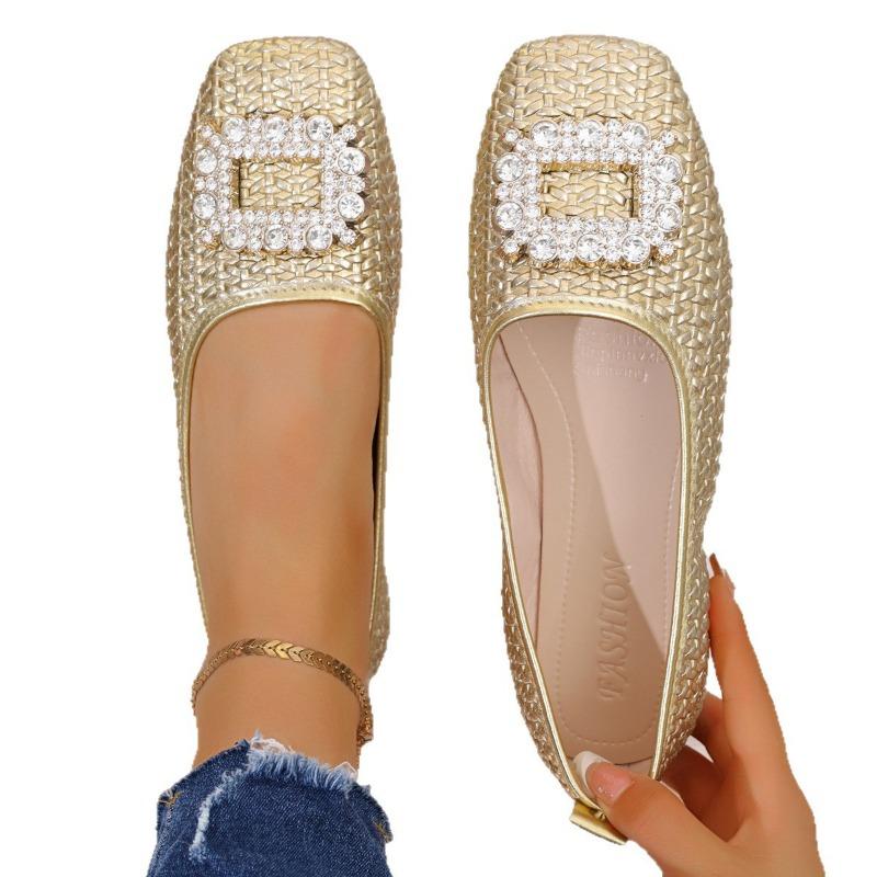 Gentle flat shoes spring new shallow mouth rhinestone square head temperament single shoes women