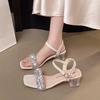 Summer New Rhinestone Word Sandals Women's Retro Ethnic Style Square Head Roman Sandals Wear Casual Fashion Sandals