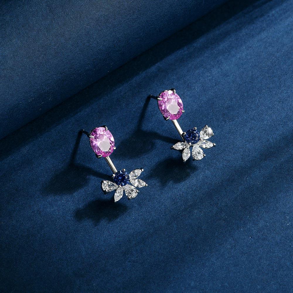 WUIHA Vintage 925 Sterling Silver 6 * 8 MM Lab Sapphire High Carbon Diamonds Gemstone Flower Ear Studs Earrings Fine Jewelry