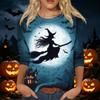 Women's Casual Halloween Printed T Shirt Crew Neck Three Quarter Sleeve Top Witch and Moon Graphic Design