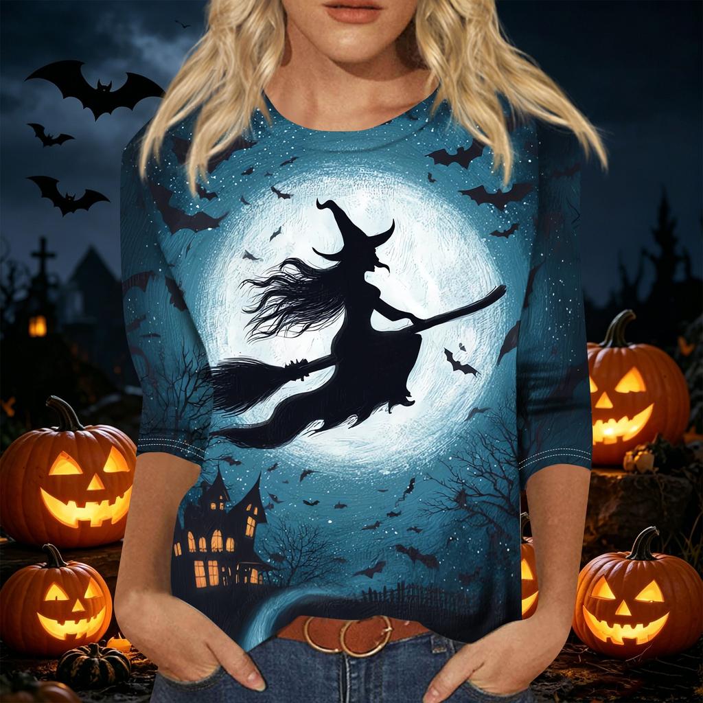 Women's Casual Halloween Printed T Shirt Crew Neck Three Quarter Sleeve Top Witch and Moon Graphic Design