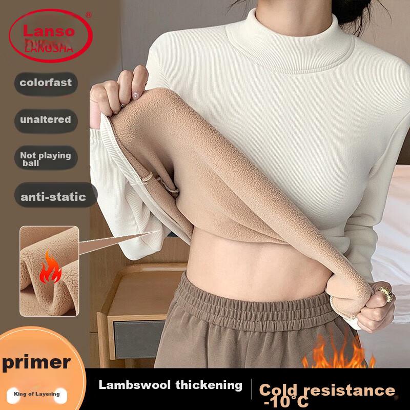 LANGSHA Autumn Winter Fleece-Lined Thickened Half Turtleneck Base Shirt for Women 7A Antibacterial Mite-Resistant Lamb Fleece Thermal Innerwear