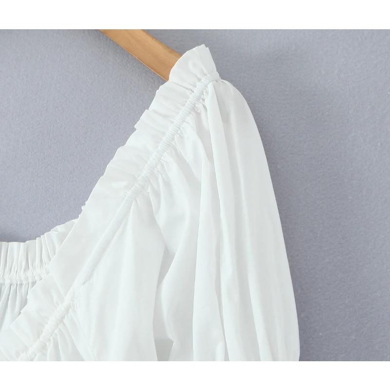 Wood Ruched Chest Bow U Collar Puff Sleeve Dress Elastic High Waist Pleated Swing Midi Long Dresses Holiday Vestidos