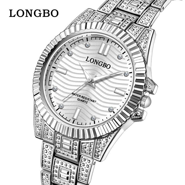 LONGBO 83611 Quartz Watches Waterproof Luminous Stainless Steel Calendar Full Diamond Gold Design Luxury Wristwatch for Couple