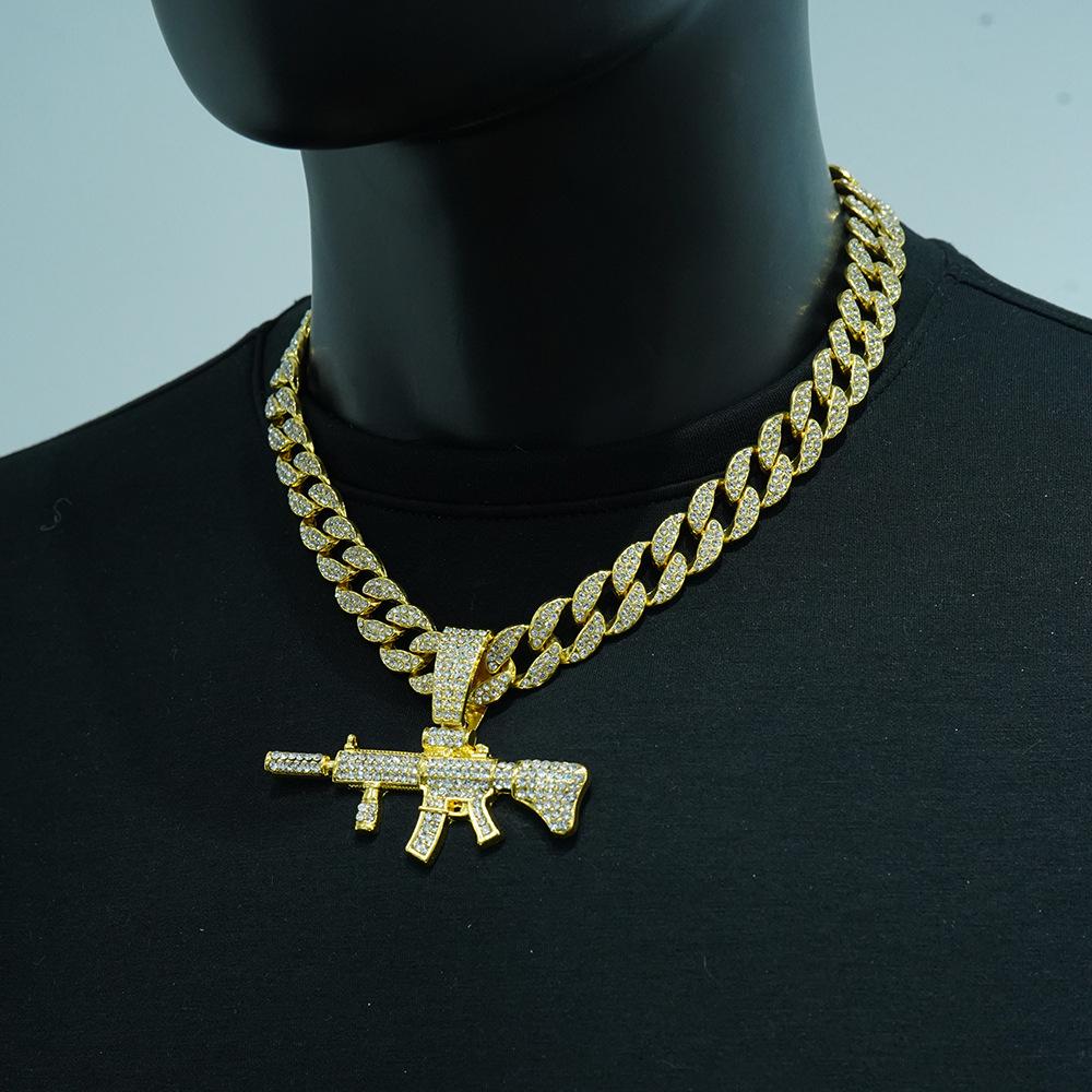 Exaggerated Punk Full Diamond Long Gun Pendant Personalized Street Dance Wear Cuban Chain Nightclub Alloy Gun Necklace