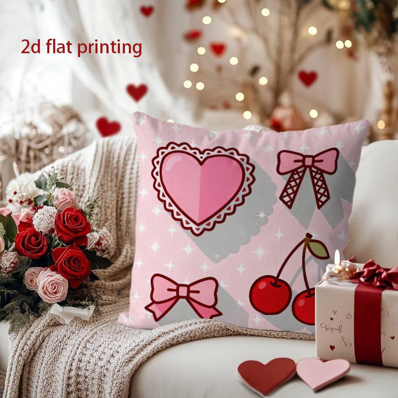 Heart, Bow & Cherry Decorative Pillow Cover Pattern Cushion Cover Suitable for Sofa Bedroom Car Pillow Cover