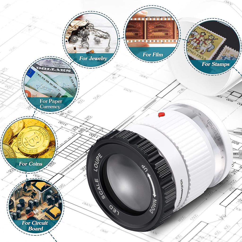 Cylindrical 30X Handheld Magnifying Glass with Scale LED UV Light Illuminated Magnifier Adjustable Focal HD Loupe Jewelry Lupa