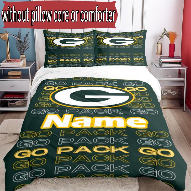 3pcs Duvet Cover Set (1*Duvet Cover + 2*Pillowcase, Without Core), Custom Name Green Bay Packers Pattern Bedding Set, Home Bedroom Decor Gift