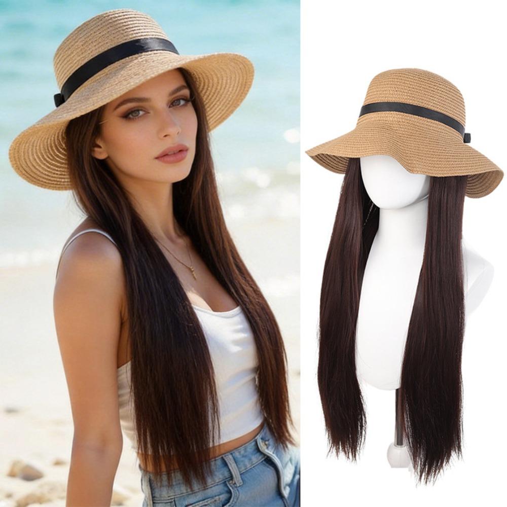 Sun Protection Summer Straw Sun Hat Wig Breathable Long Straight Hair  Travel темно-коричневого