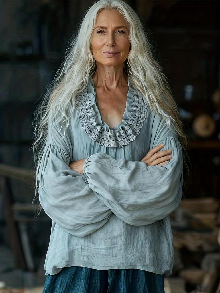 Retro Artistic Lace Patchwork Linen Blend Top with Loose Lantern Sleeves - Mori Style Casual Shirt