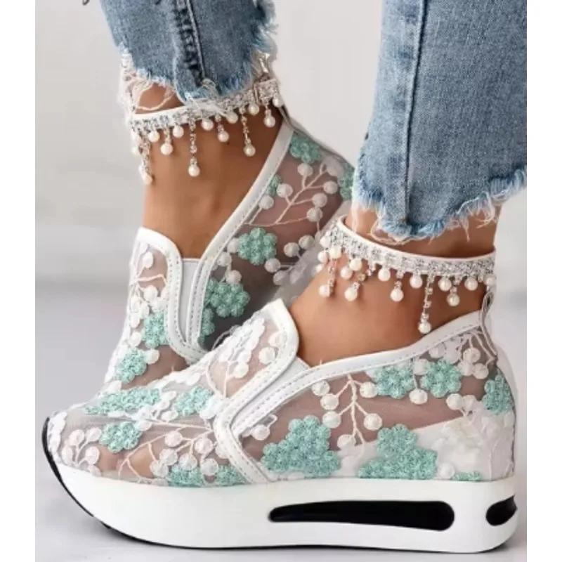 Fashion Women's wedge sneakers, comfortable white shoes, floral embroidered mesh, slip-on, size 42