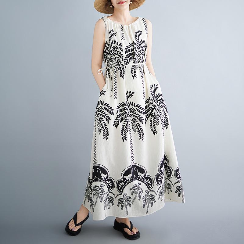 

Elegant Plus Size Leaf Print Summer Dress - Waist-Cinching Beach Vacation Style Long Skirt for Women Plus Size, One Size