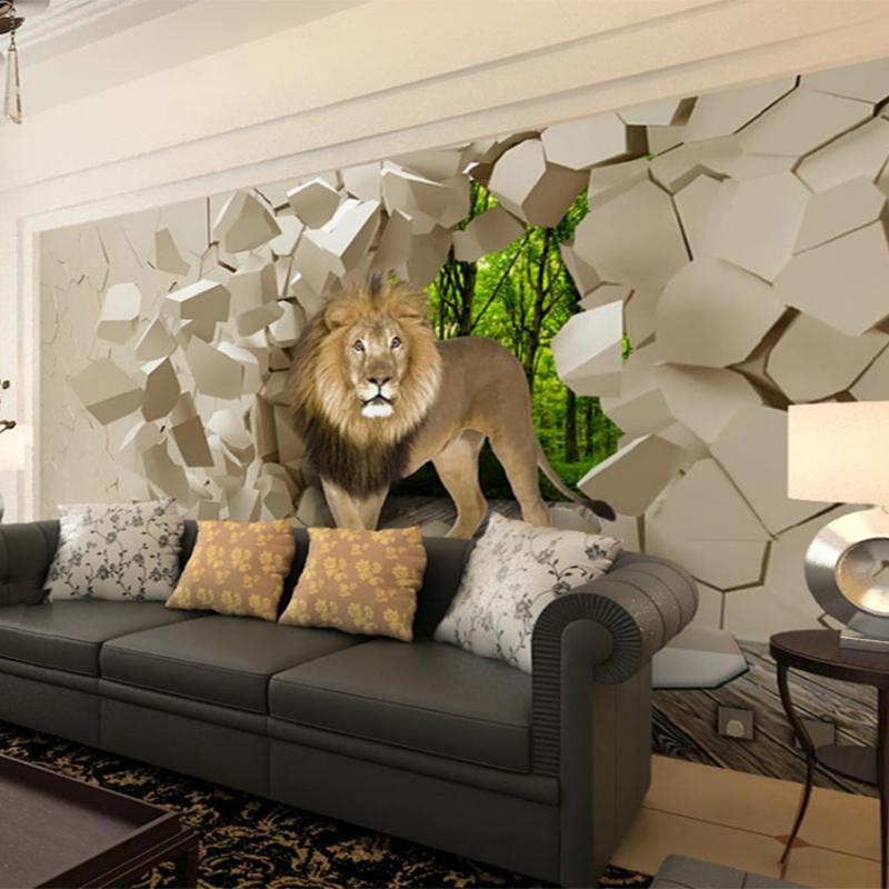 3D Stereo Lion Broken Wall Mural Photo Wallpaper for Wall Living Room TV Background Room Decor Size Wall Papers