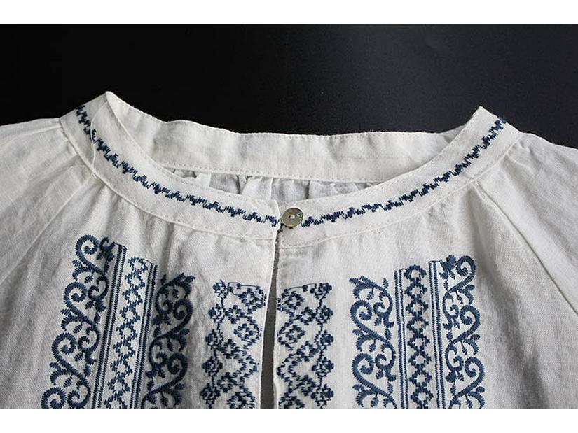 Women's Plus Size Cotton & Linen Shirt - Spring/Summer 2025 Ethnic Style with Wheat Ear Embroidery, Long Sleeve, Loose Fit.